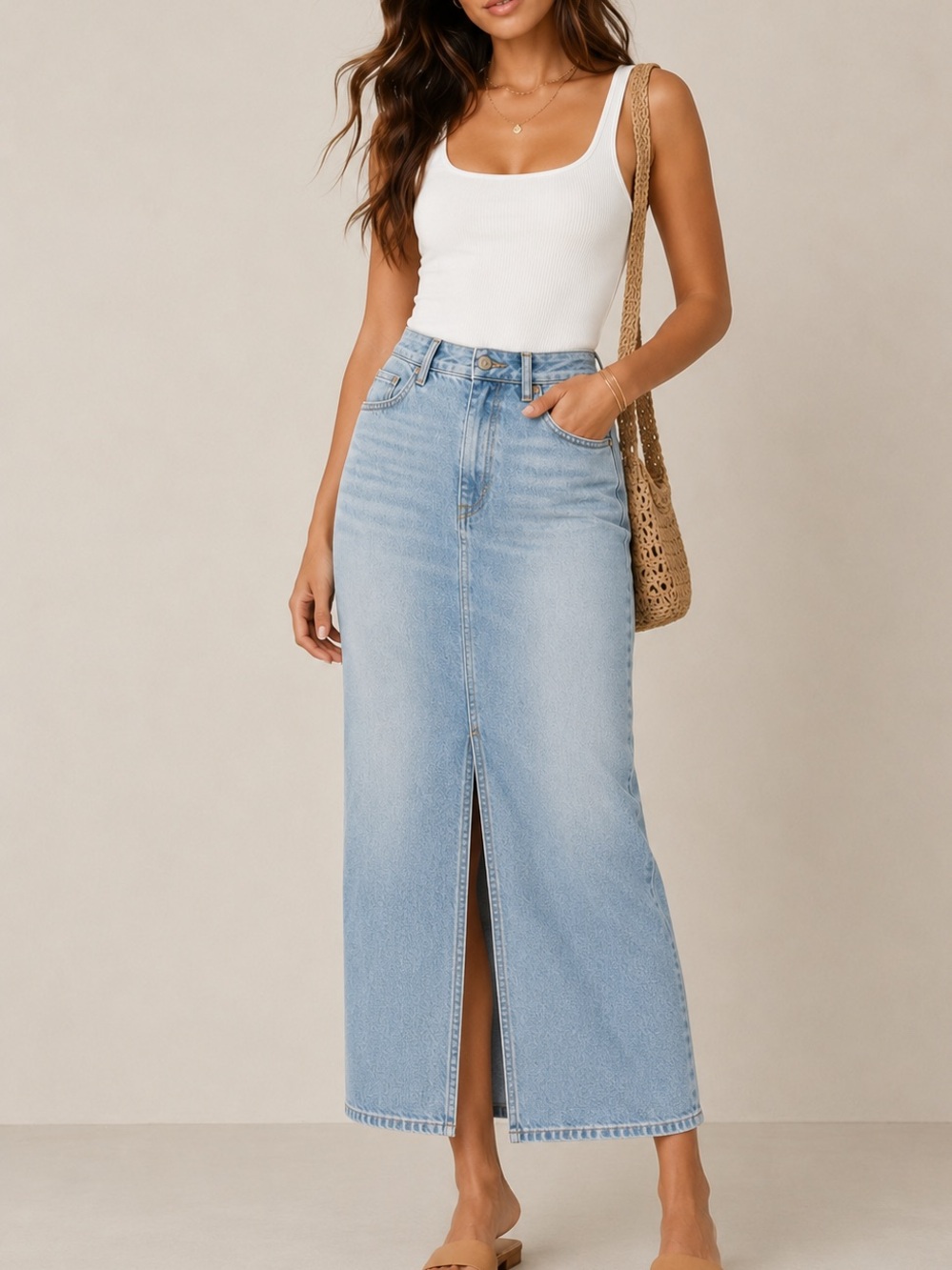 LOFT Light Wash High-Rise Denim Maxi Skirt with Front Slit - Picture 1 of 6